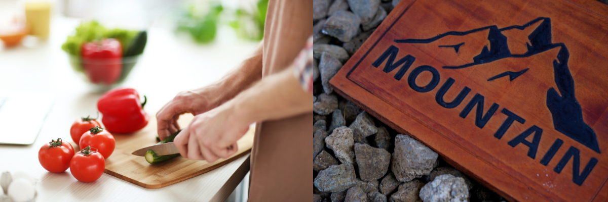 man cutting tomatoes and a personalized cutting board
