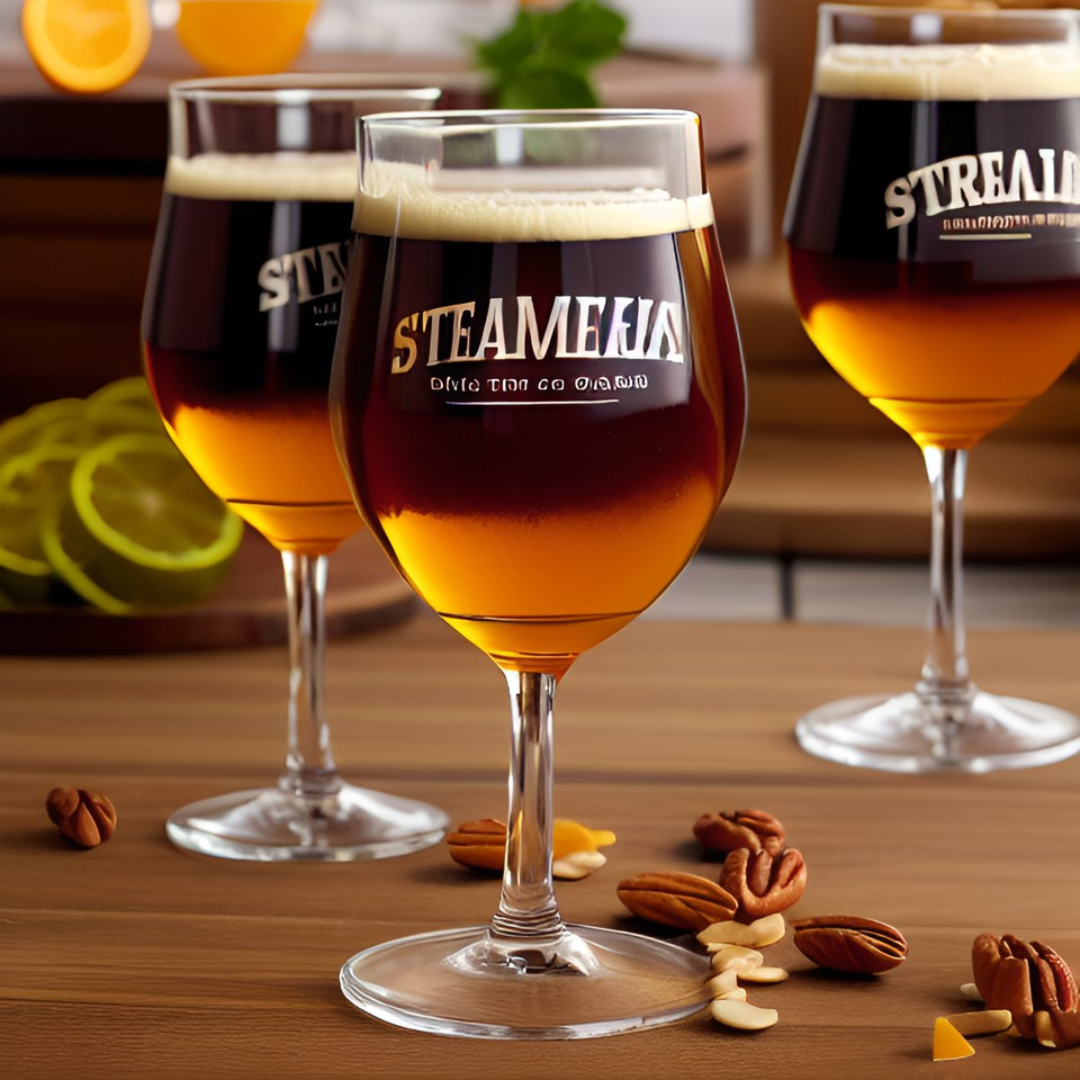 Engraved stem beer glasses with pecan